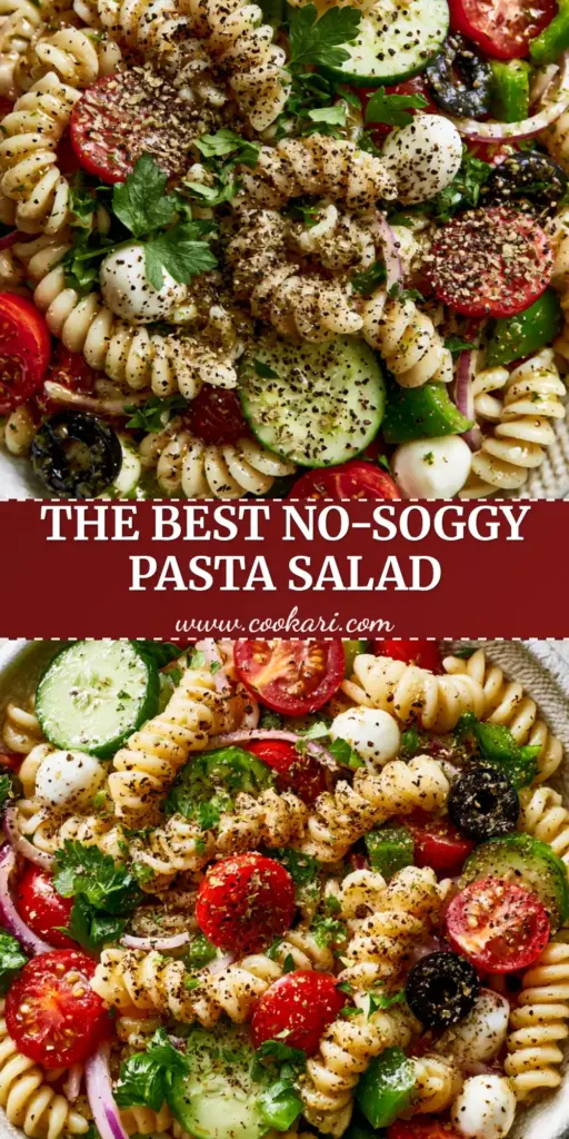 A top-down macro view of a vibrant Italian pasta salad with rotini, tomatoes, and mozzarella pearls in a white bowl. (Pasta Salads)