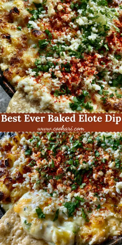 A close-up vertical shot of Baked Elote Dip in a cast iron skillet with a cheese pull from a corn tortilla chip.