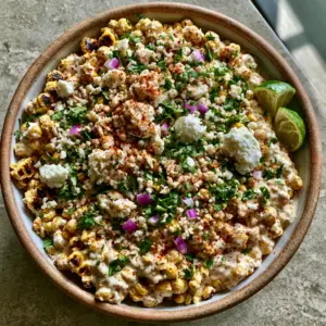 Top-down view of Mexican street corn salad showing charred kernels and creamy dressing. (corn salad)