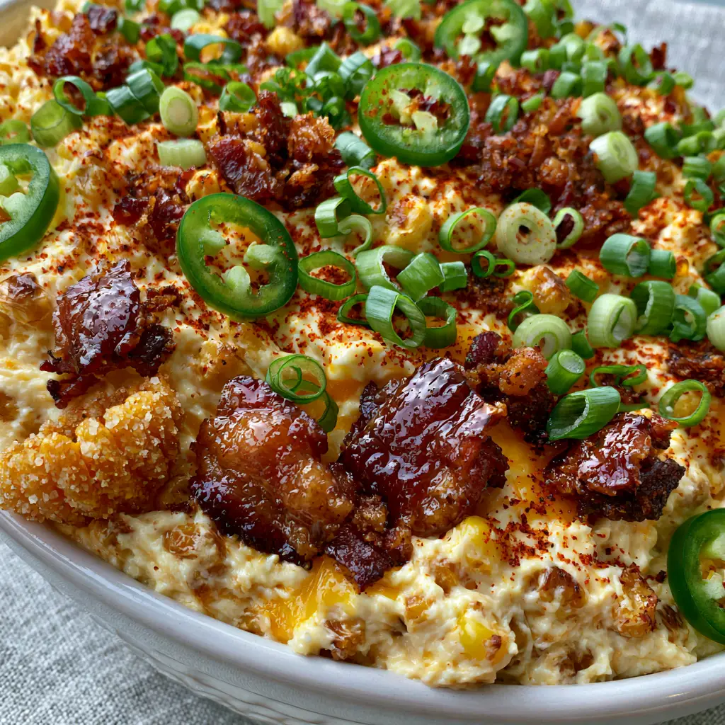 A handheld smartphone style photo of crack corn dip garnished with fresh green onions and thin jalapeño rings.