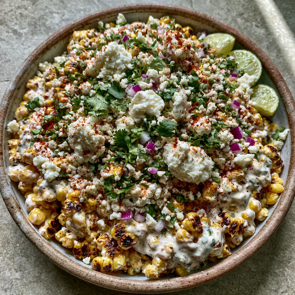 Close up of Mexican corn salad garnished with cilantro, red onion, and Tajin.