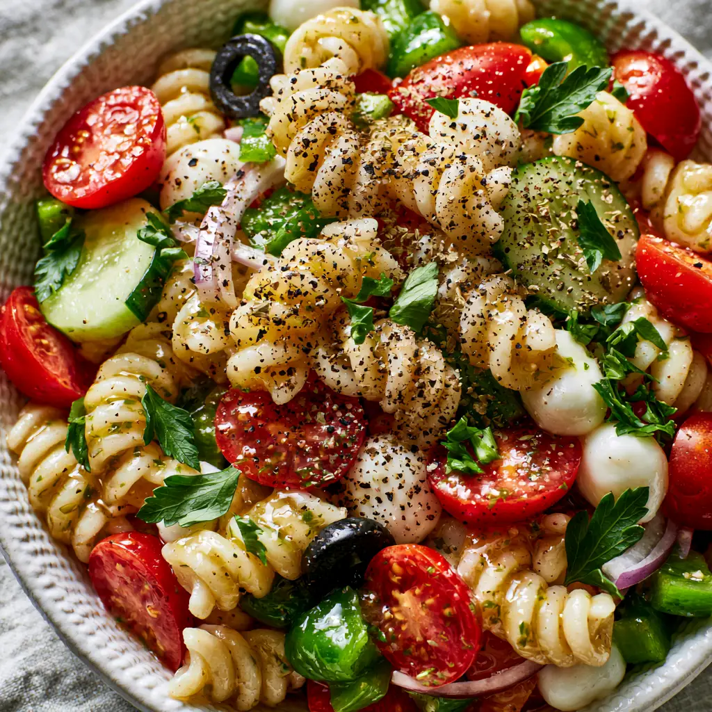 A shallow textured white ceramic bowl filled with colorful pasta salad ingredients like cherry tomatoes and green peppers. (Pasta Salads)