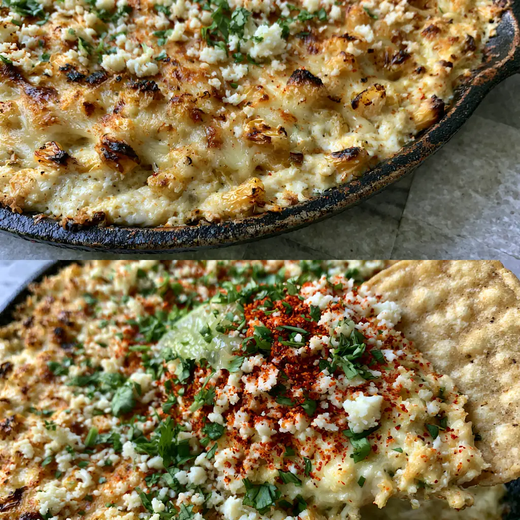 Detailed view of Baked Elote Dip topped with crumbled cotija cheese, Tajin seasoning, and fresh cilantro in a rustic skillet.