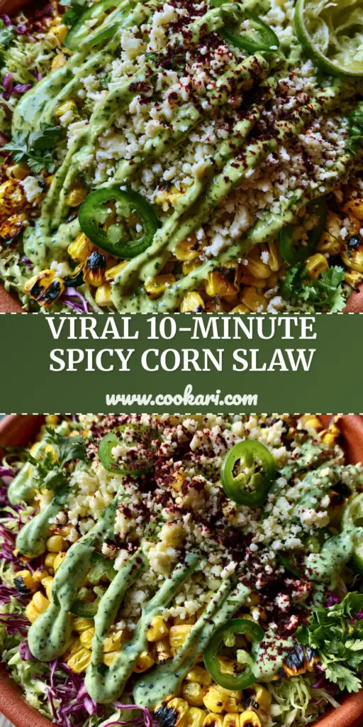 A rustic terracotta bowl filled with vibrant spicy corn slaw featuring charred corn, purple cabbage, and lime crema ribbons.