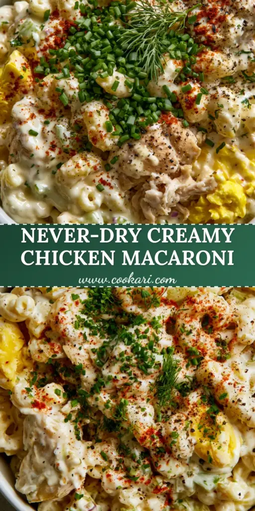 Chicken Macaroni Salad: The Ultimate Creamy Roasted Chicken Pasta Recipe 4 Top-down view of a luxury matte white ceramic bowl filled with creamy chicken macaroni salad, garnished with dill and smoked paprika.