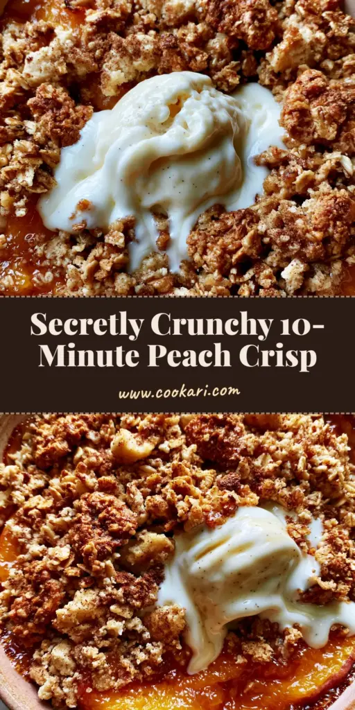 Peach Crisp with Oversized Toasted Oat Clusters and Vanilla Bean Cascade 4 A rustic ceramic dish filled with bubbling Peach Crisp topped with toasted oats and a melting scoop of vanilla bean ice cream.
