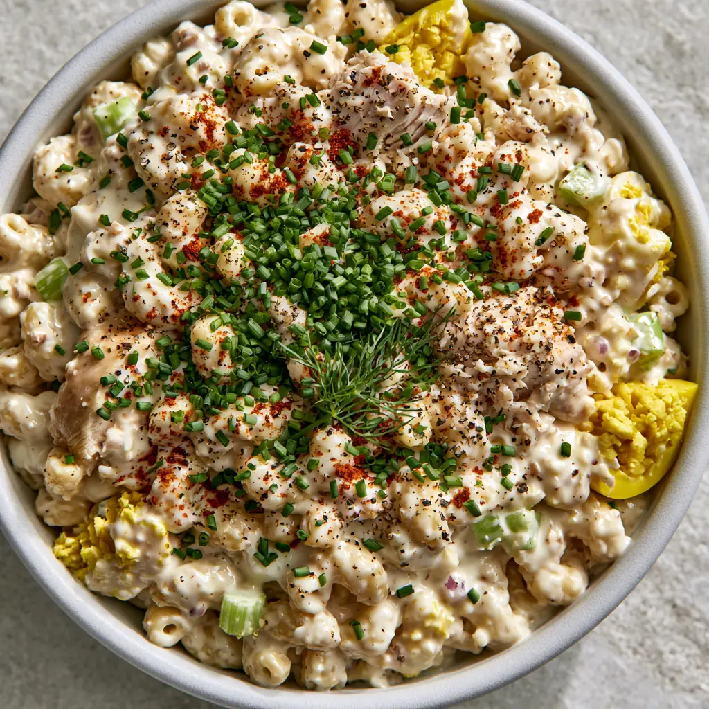 Chicken Macaroni Salad: The Ultimate Creamy Roasted Chicken Pasta Recipe 2 Extreme close-up of chicken macaroni salad showing glossy white dressing, shredded chicken, and chunky egg segments. (chicken macaroni salad)