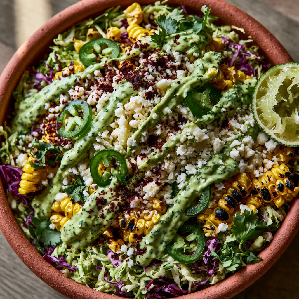 A close up of spicy corn slaw topped with thick cilantro lime crema and red chili powder.