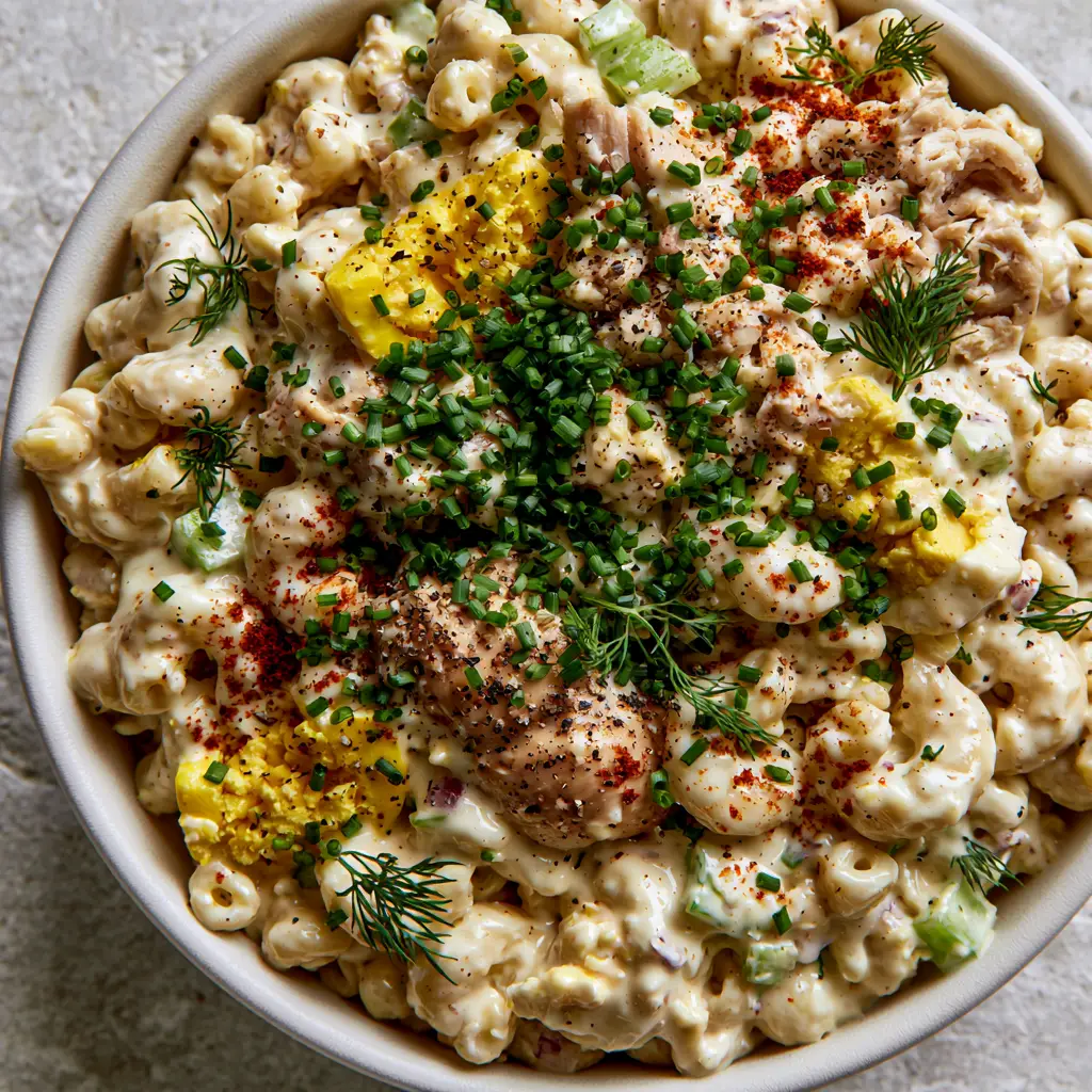 Chicken Macaroni Salad: The Ultimate Creamy Roasted Chicken Pasta Recipe 1 Top-down photo of chicken macaroni salad in a white bowl on a stone background with soft morning light.