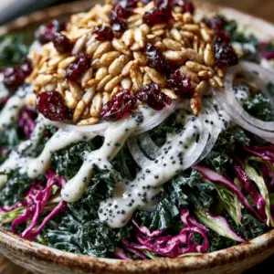 Extreme macro close-up of sunflower crunch salad showing glossy poppyseed dressing and toasted sunflower seeds on kale.