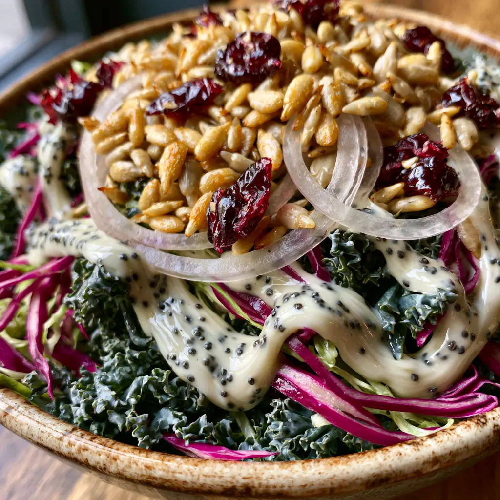 Sunflower Crunch Salad with Creamy White Poppyseed Dressing 1 Close up of purple cabbage and kale in a sunflower crunch salad with translucent sweet onion rings.