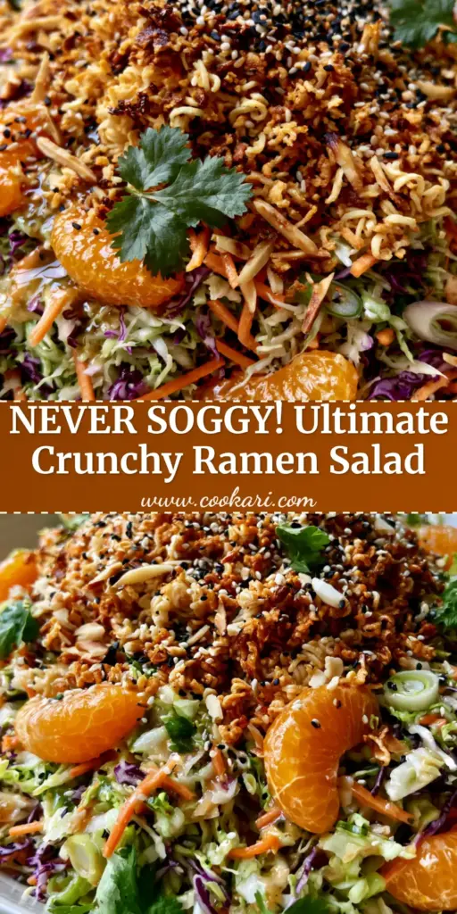 A vibrant Ramen Noodle Salad in a white bowl featuring toasted noodles, mandarin oranges, and shredded purple cabbage.