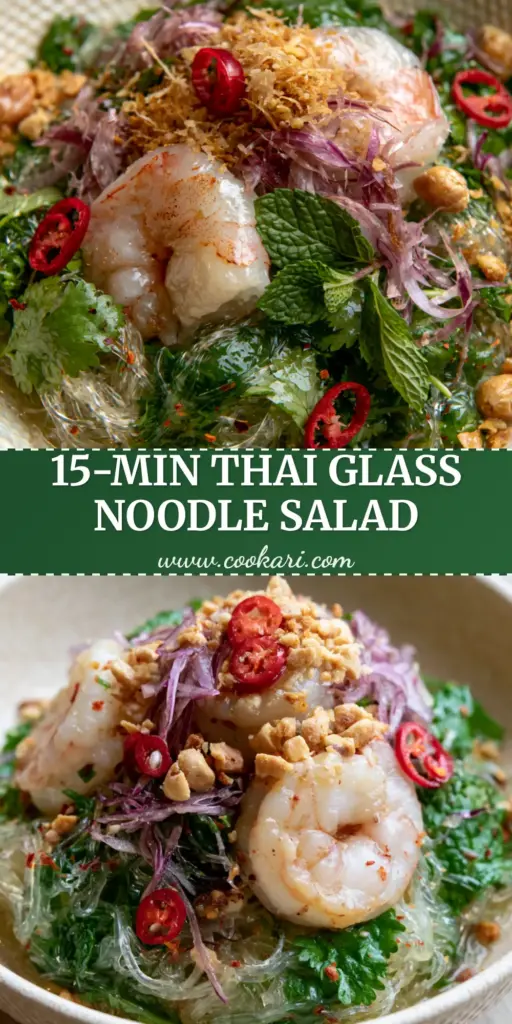 A top-down view of Thai glass noodle salad in a cream bowl with jumbo shrimp, purple shallots, and fresh herbs.