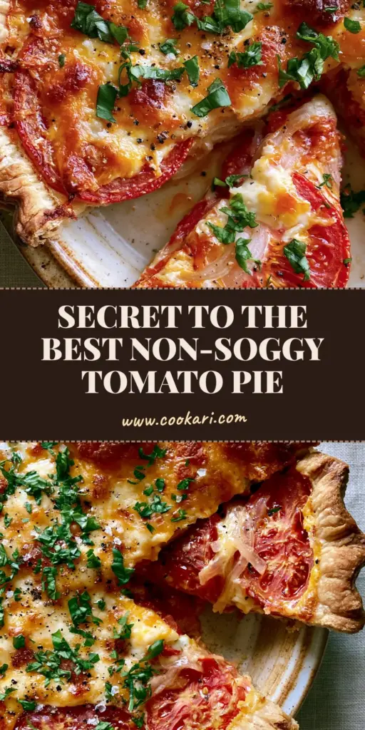 Southern Tomato Pie Recipe: The Ultimate Guide to a Crispy, Flaky Heirloom Classic 3 A professional top-down culinary shot of a sliced Southern Tomato Pie in a rustic ceramic dish featuring a golden-brown fluted crust and bubbling cheese. (Southern Tomato Pie Recipe)