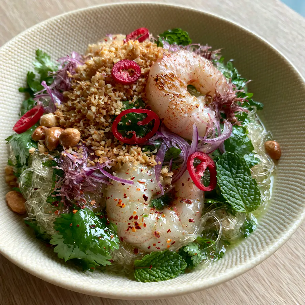 Macro shot of Thai glass noodle salad showing translucent noodles, vibrant green cilantro, and red bird's eye chilies.