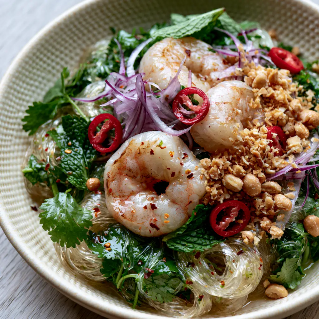 Gourmet Thai glass noodle salad with seared shrimp, crushed peanuts, and fresh mint in a ceramic bowl.