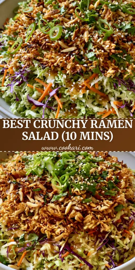 A close-up 45-degree angle of a crunchy ramen noodle salad in a white bowl with toasted noodles and sesame seeds.