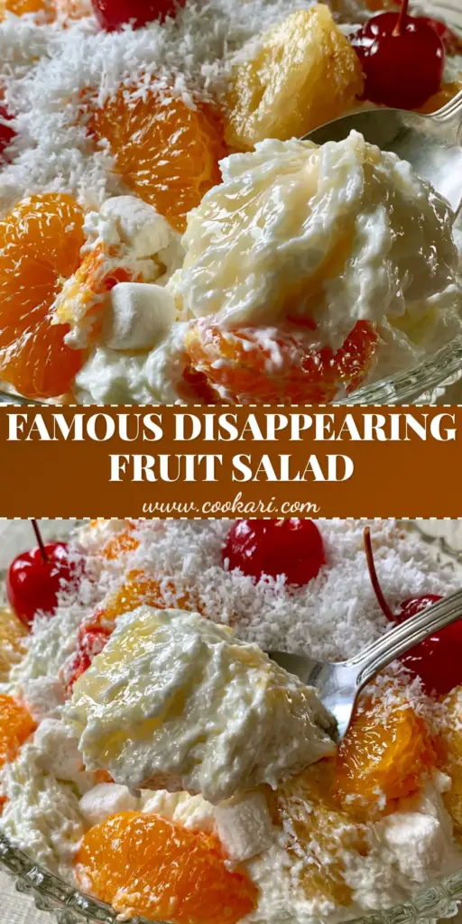 A lush Hawaiian fruit salad in a vintage glass bowl featuring whipped cream, mandarin oranges, pineapple, and maraschino cherries with stems.