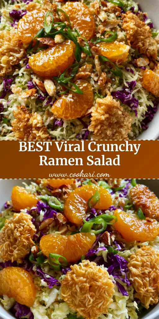 A top-down view of a vibrant ramen noodle salad in a white bowl featuring purple cabbage, golden toasted noodles, and bright orange segments.