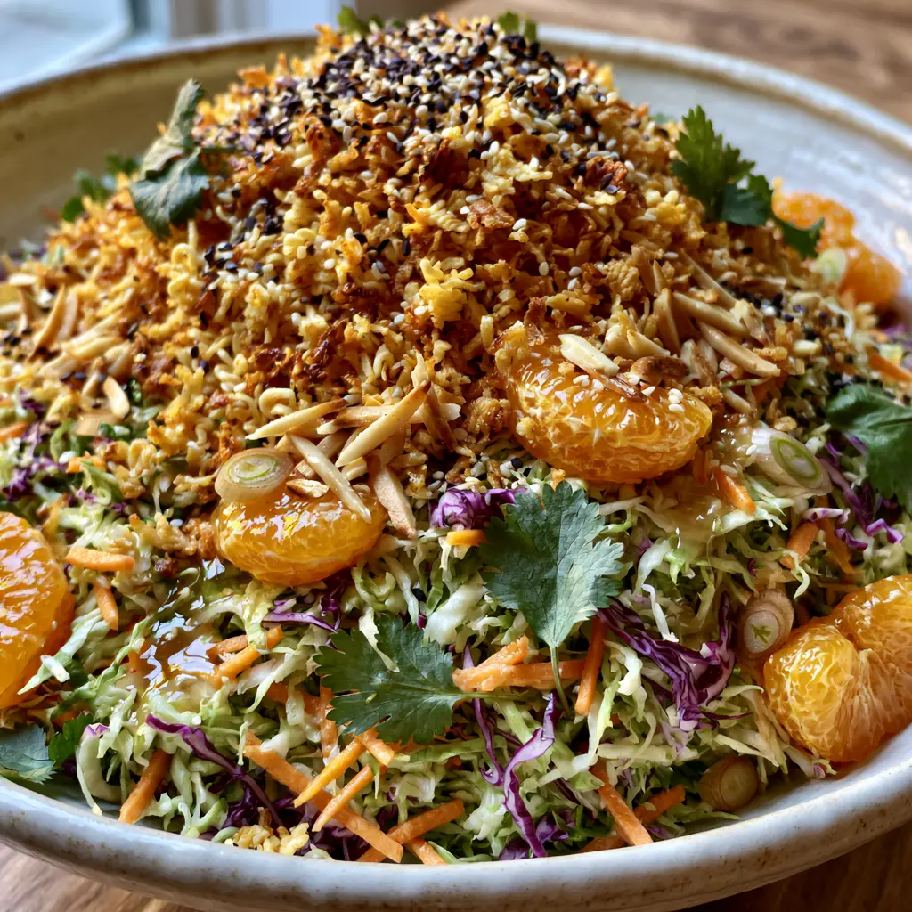 Overhead view of a Ramen Noodle Salad showing textures of cabbage, matchstick carrots, and toasted ramen crumbles.