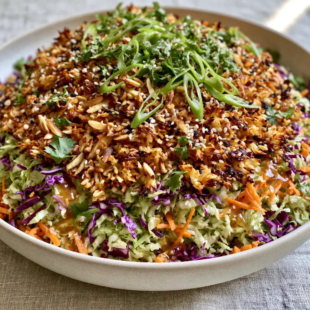 Wide-rimmed matte white bowl filled with green and purple cabbage, orange carrots, and toasted ramen noodle clusters. (ramen noodle salad)