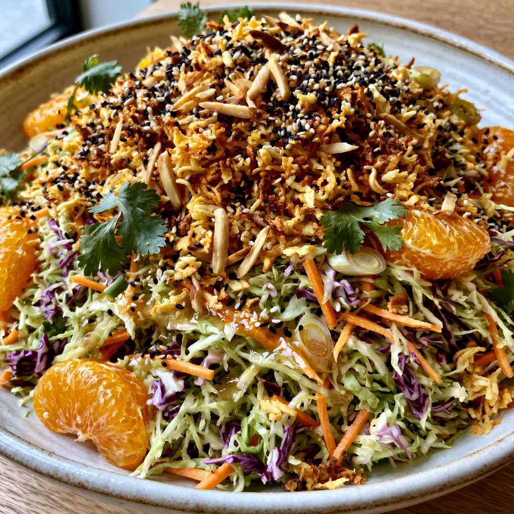 Close up of Ramen Noodle Salad highlighting glossy ginger dressing and bright mandarin orange segments.