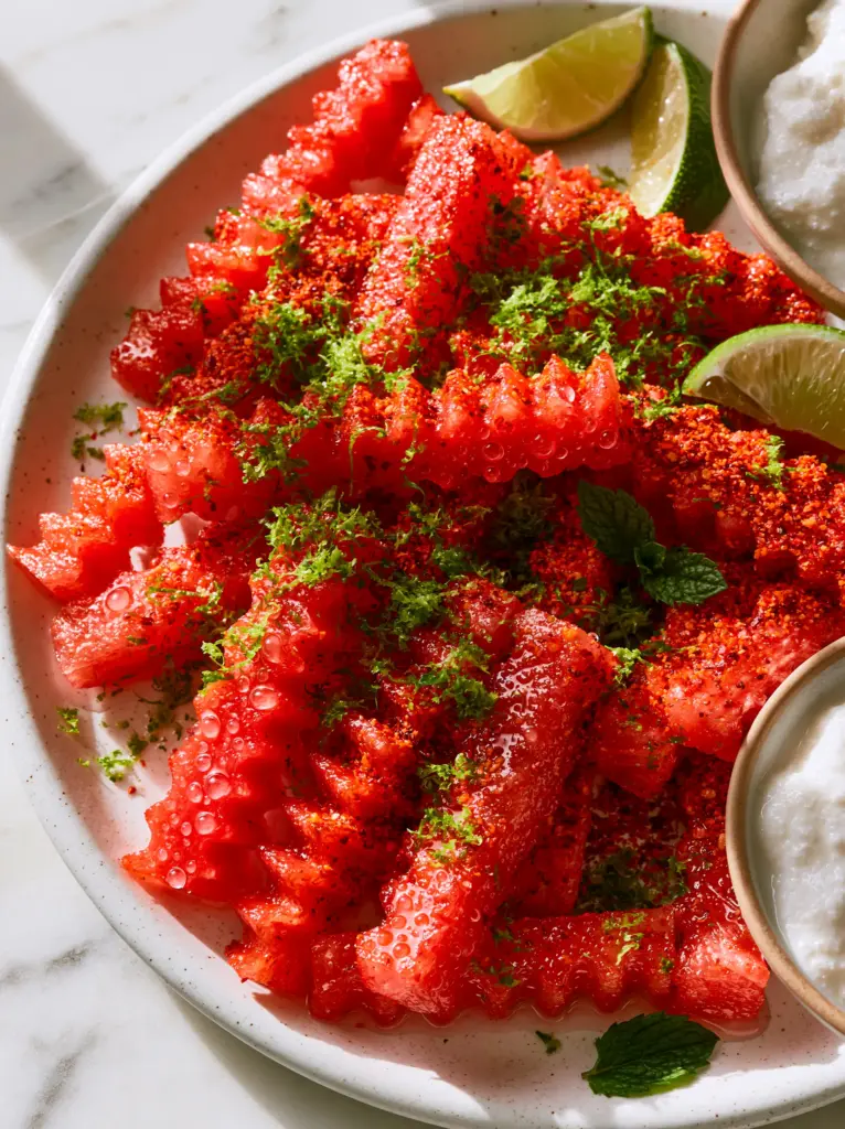 Close up high angle shot of watermelon fries with lime zest and mint leaves. (watermelon fries)