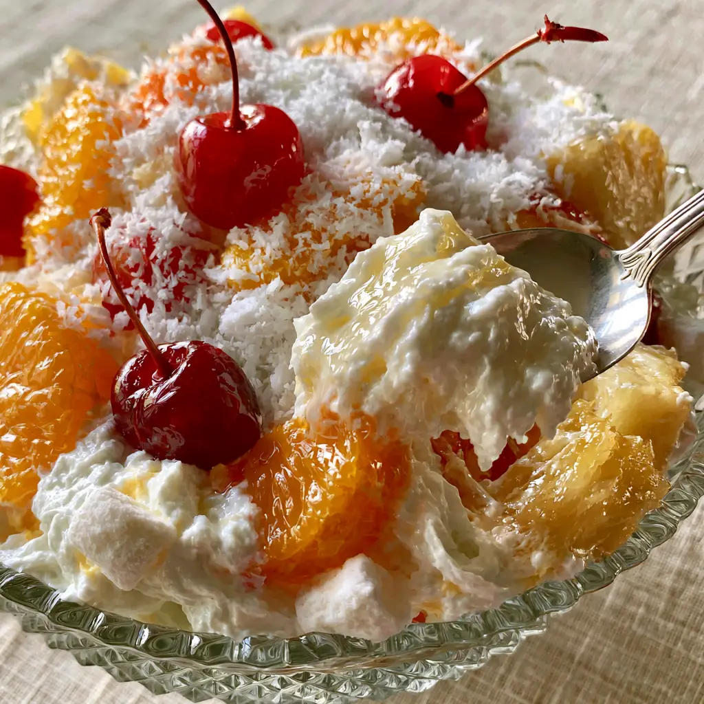 Close up photo of Hawaiian fruit salad showing the thick texture of whipped cream and bright fruit segments.