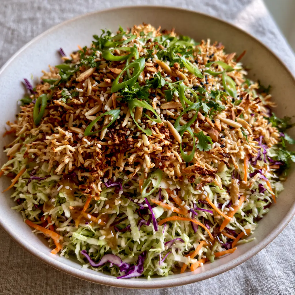 Detailed shot of golden-brown toasted ramen noodles and almonds scattered over a fresh cabbage salad. (ramen noodle salad)