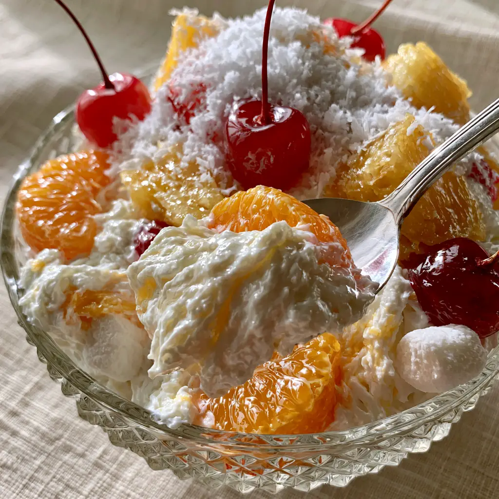 A silver spoon scooping a large portion of creamy Hawaiian fruit salad from a textured glass bowl.