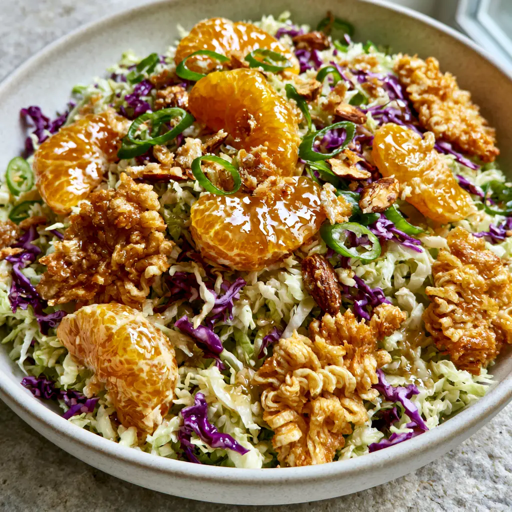 A close-up of a ramen noodle salad in a matte white ceramic bowl with light grey stone background.