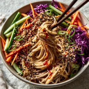 Close up of glossy buckwheat noodles coated in tan sesame sauce in a ceramic bowl. (sesame noodle salad)