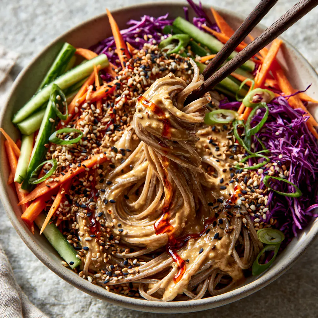 Close up of glossy buckwheat noodles coated in tan sesame sauce in a ceramic bowl. (sesame noodle salad)