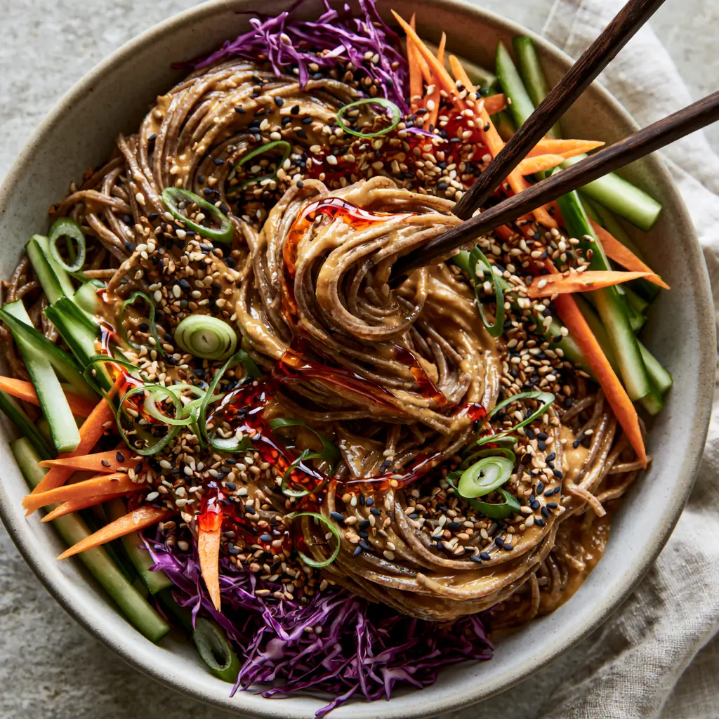 Soba noodles topped with julienned carrots, cucumber, and purple cabbage with chili oil drizzle. (sesame noodle salad)