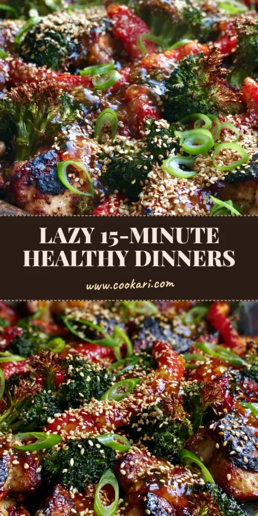 Lazy Dinners: One-Pan Honey Garlic Chicken with Charred Broccoli 4 A rustic sheet pan filled with glistening honey garlic chicken, charred broccoli, and red peppers for easy Lazy Dinners.