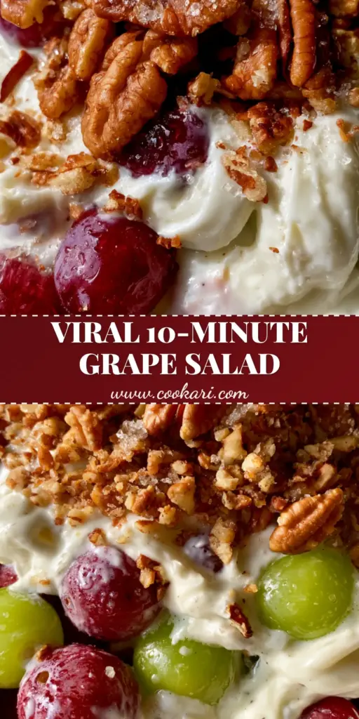 A top-down view of a gourmet Grape Salad in a white bowl, featuring red and green grapes with a thick cream cheese dressing and toasted pecans.