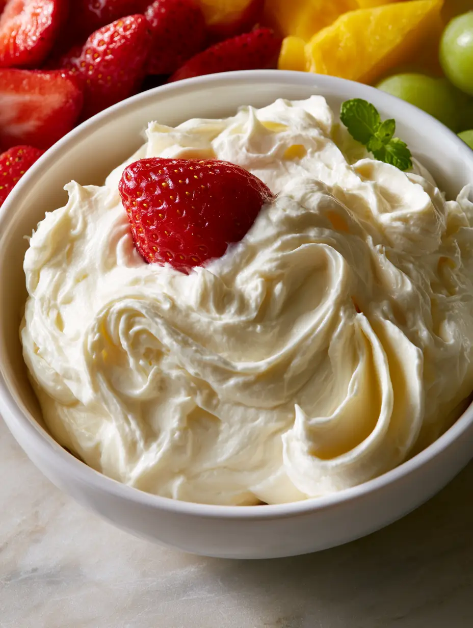 High-angle shot of velvety cream cheese fruit dip with airy peaks and vanilla bean specks. (cream cheese fruit dip)