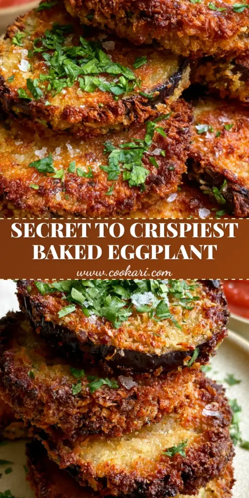 A stack of crispy Oven-Baked Italian Eggplant rounds topped with parsley and flakey salt next to a bowl of marinara.