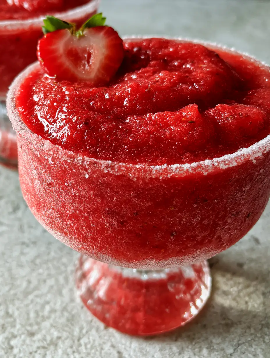 Macro photo of a seed-flecked frozen strawberry daiquiri showing a velvety texture and crimson color. (strawberry daiquiri)