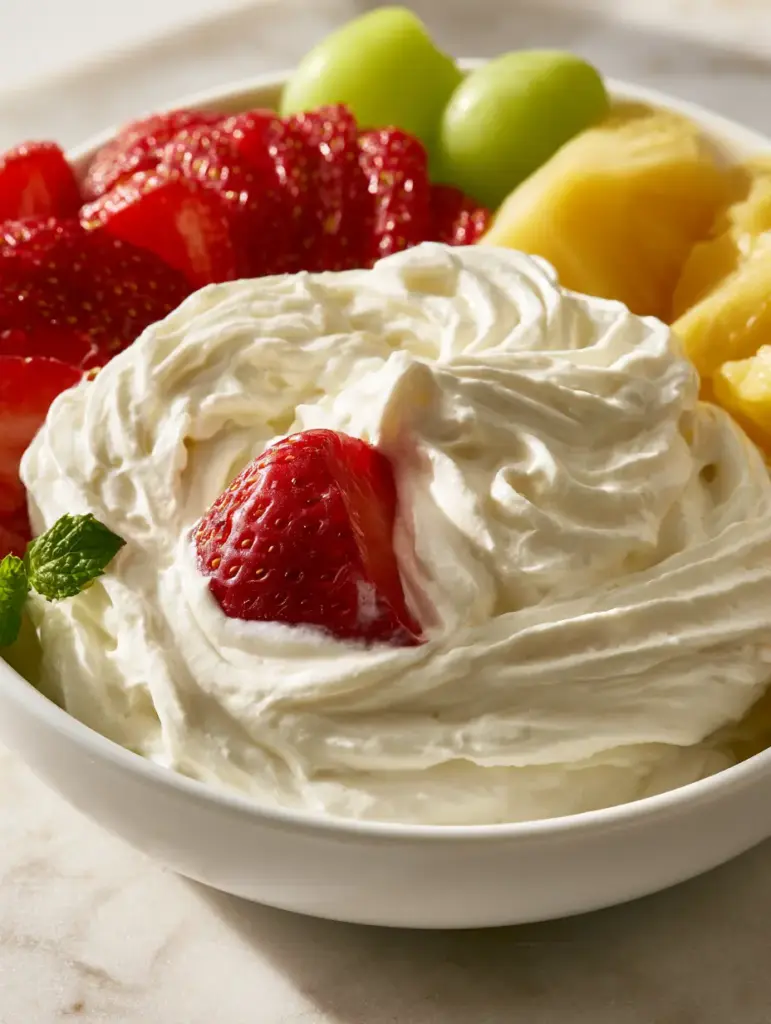 A glossy strawberry being dipped into a thick white cream cheese fruit dip.