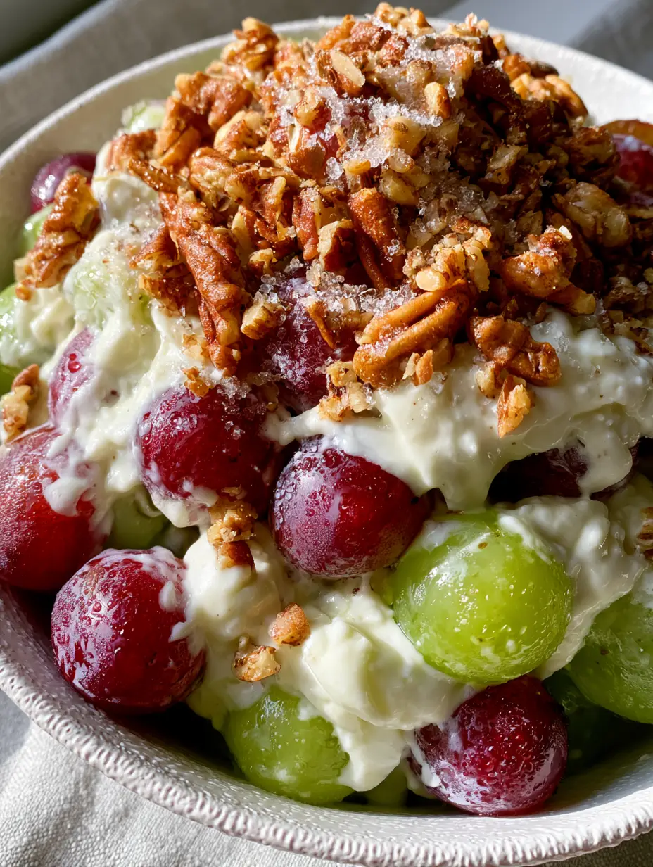Macro handheld photo of Grape Salad showing glistening grapes and thick, velvety vanilla bean dressing.