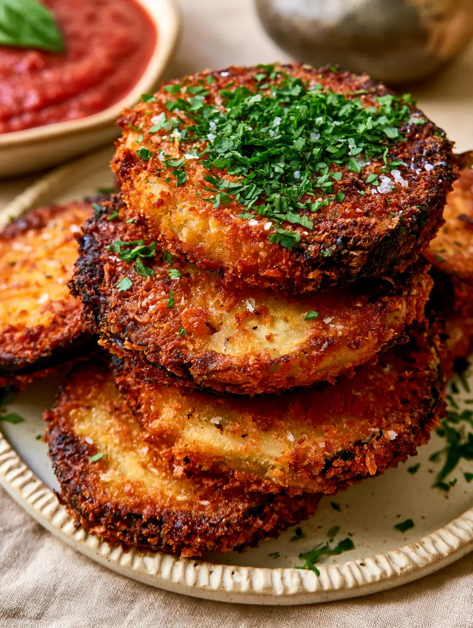 Macro close-up of jagged panko coating on Oven-Baked Italian Eggplant with amber caramelized edges.