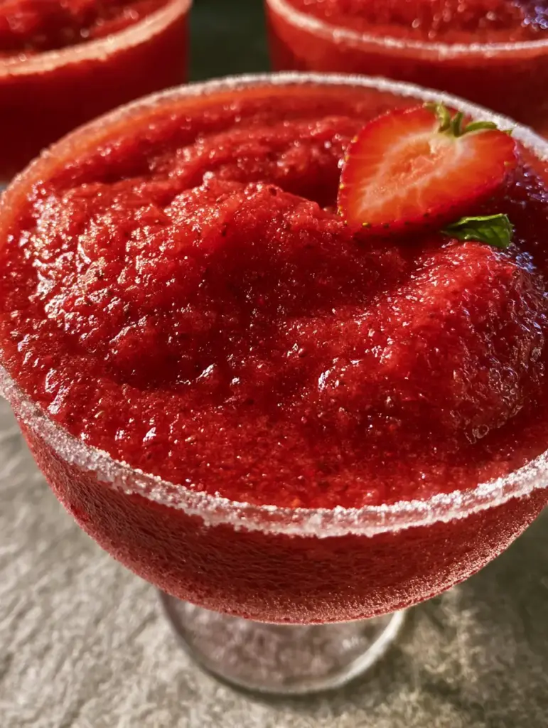 A pair of frozen strawberry daiquiris on a stone tabletop with golden hour lighting.
