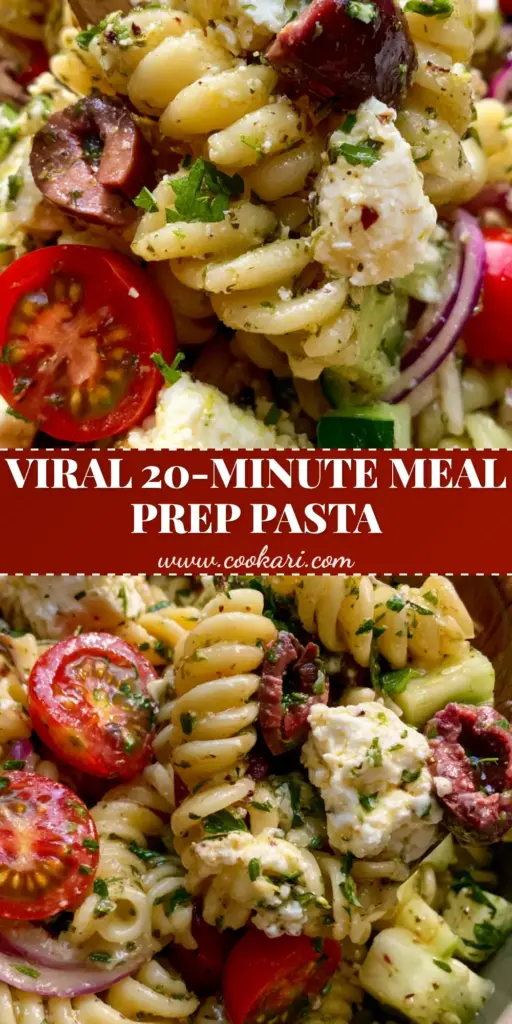 A vibrant Mediterranean Pasta Salad in a ceramic bowl featuring fusilli, feta, and cherry tomatoes in natural sunlight.