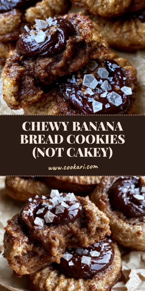 Banana Bread Chocolate Chip Cookies with Brown Butter and Sea Salt 4 A stack of thick banana bread chocolate chip cookies with melted dark chocolate pools and flaky sea salt on parchment paper.
