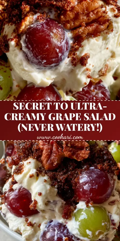 A top-down view of Creamy Grape Salad in a white ceramic bowl, topped with a thick layer of dark brown sugar and jagged toasted pecans.