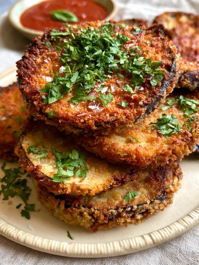 Golden brown Oven-Baked Italian Eggplant rounds showing toasted parmesan crust and minced parsley.