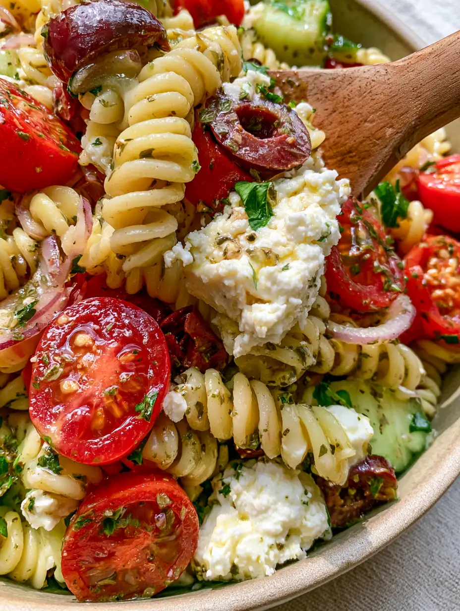 Extreme close-up of Mediterranean Pasta Salad with a wooden spoon lifting a portion of herb-flecked fusilli.