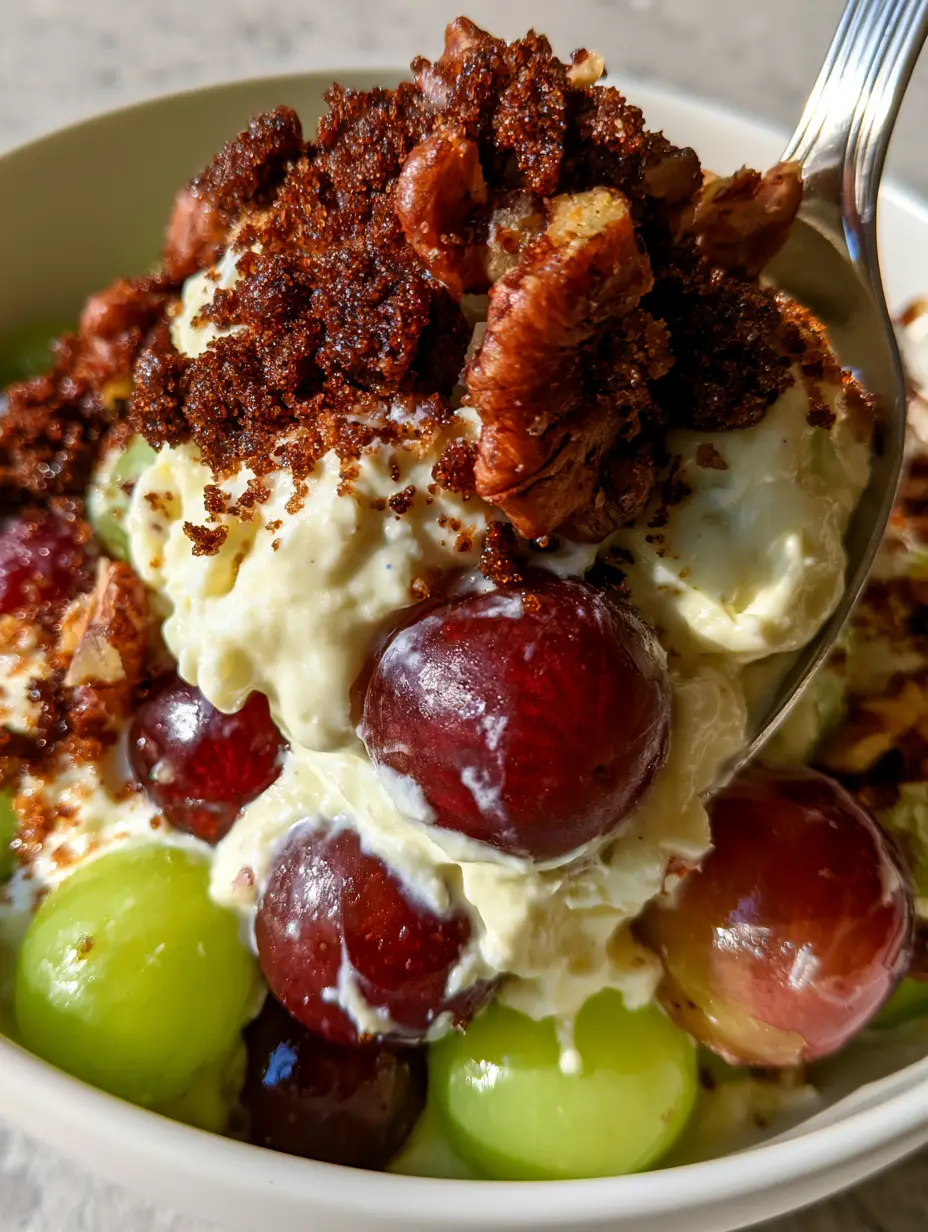 Extreme close-up of a silver spoon lifting a heavy scoop of Creamy Grape Salad, showing the thick velvety dressing and glossy red and green grapes.