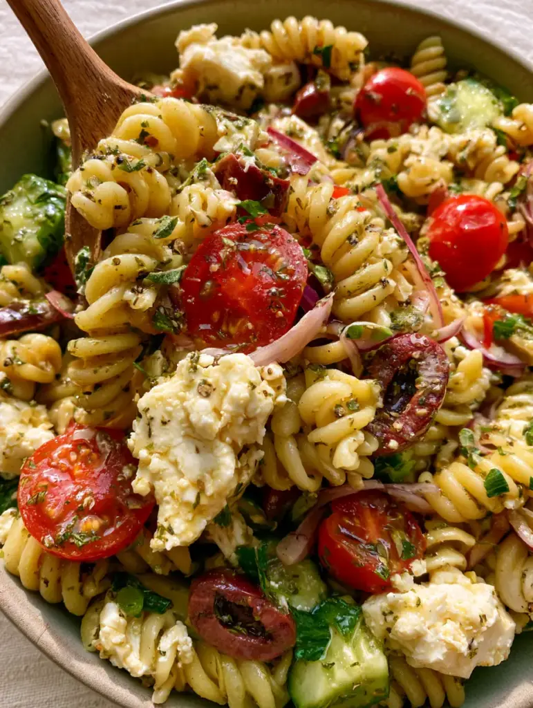 Top-down view of Mediterranean Pasta Salad showing large feta crumbles and oily Kalamata olives.